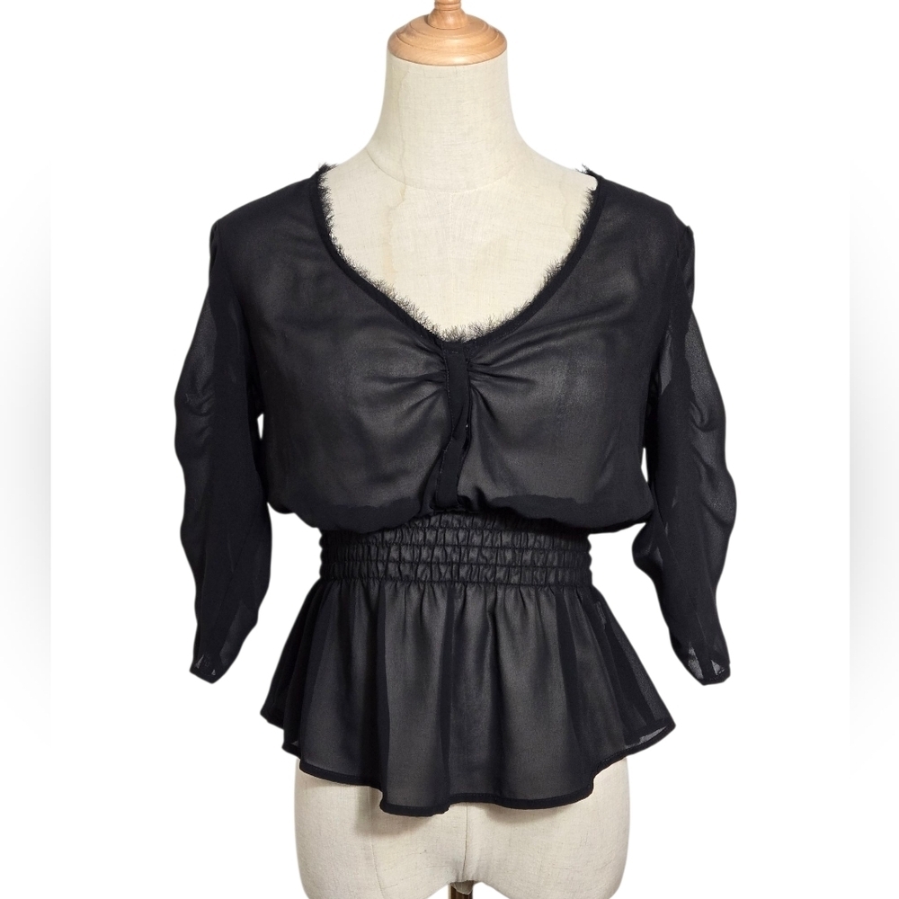 BB Dakota Y2K Black Sheer Smocked Peplum Blouse
